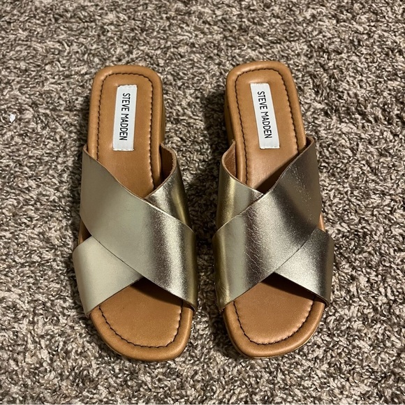 Steve Madden Tan and Brown Mules with Wooden Platform - Picture 2 of 9